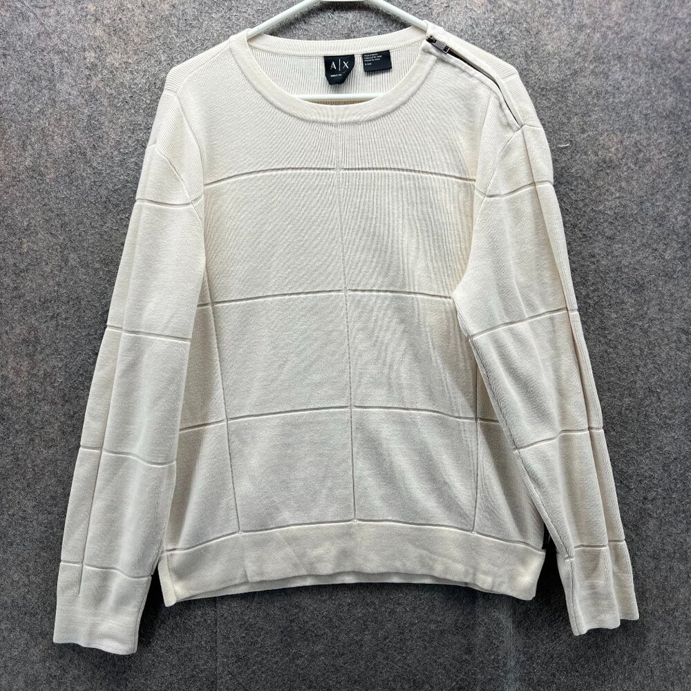 Armani Exchange Sweater Mens Large Cream Textured Pullover Grid Pattern Zip